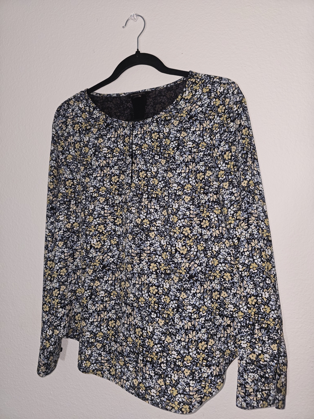 Banana Republic Navy Floral Long-Sleeve Blouse with Yellow Accents